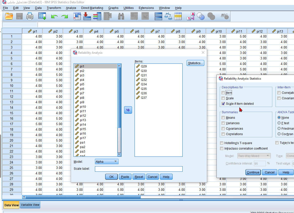 انتخاب گزینه اصلاح آلفای کرونباخ